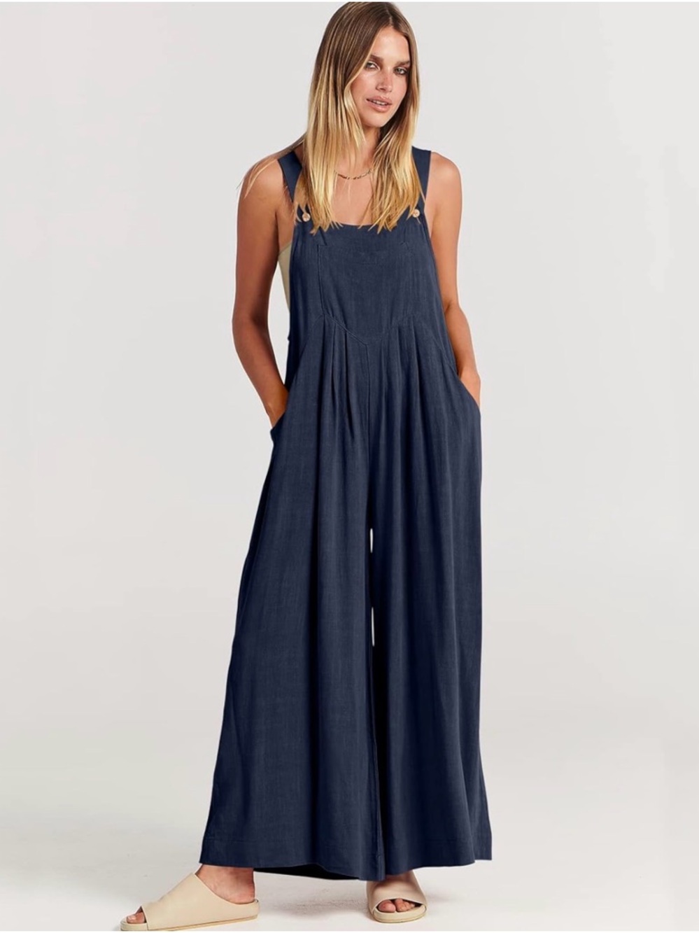 Linen Navy Wide-Leg Overalls